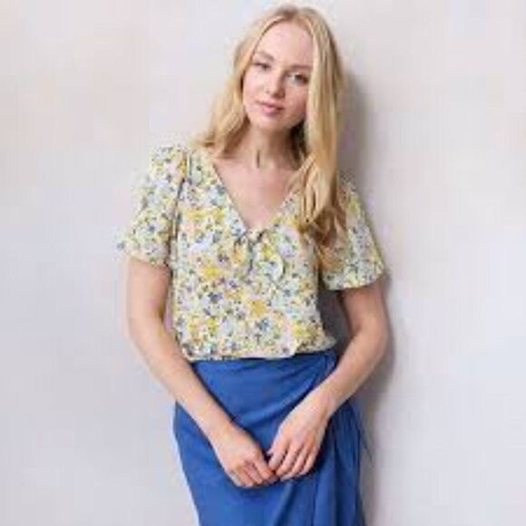 LC Lauren Conrad Woven V-Neck Tee with Tie Petite XL EUC - Picture 1 of 8